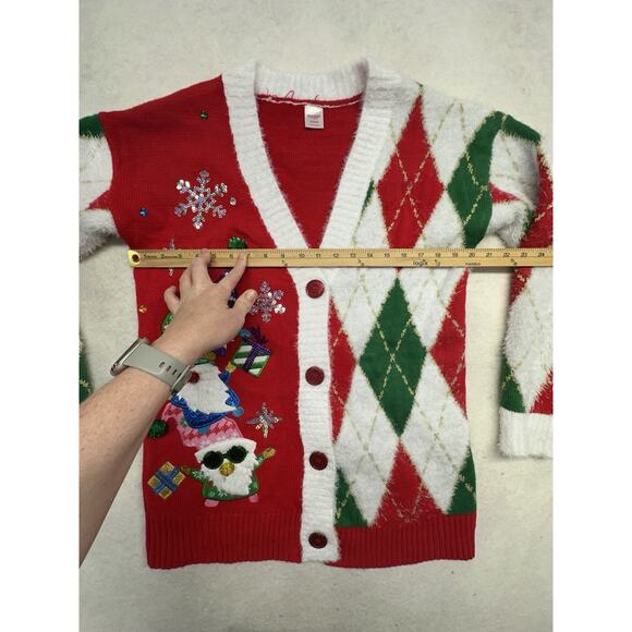 Ugly Christmas Sweater Cardigan Womens M Gnomes Button Down Red Green Button - Picture 5 of 8
